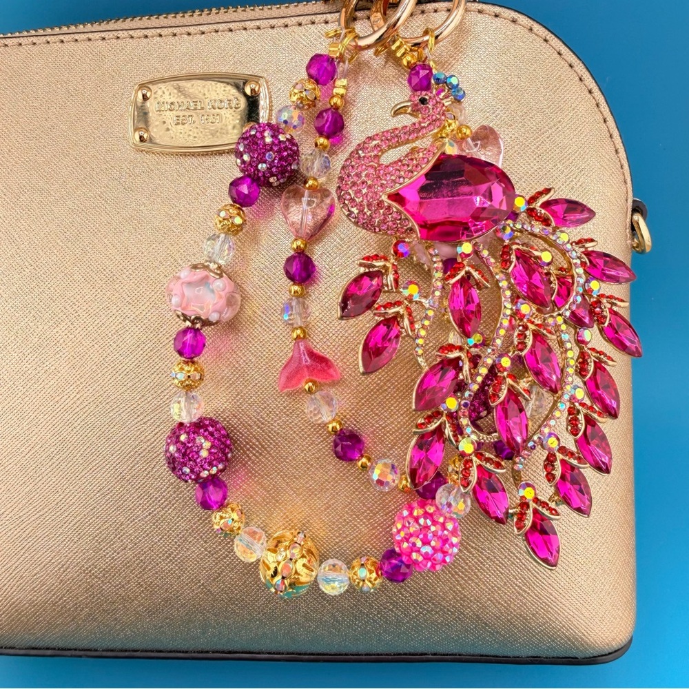 🩷❤️Luxury Bag/Phone Chain Charm/Keychain Pink Rhinestone PEACOCK & Crystal Beads